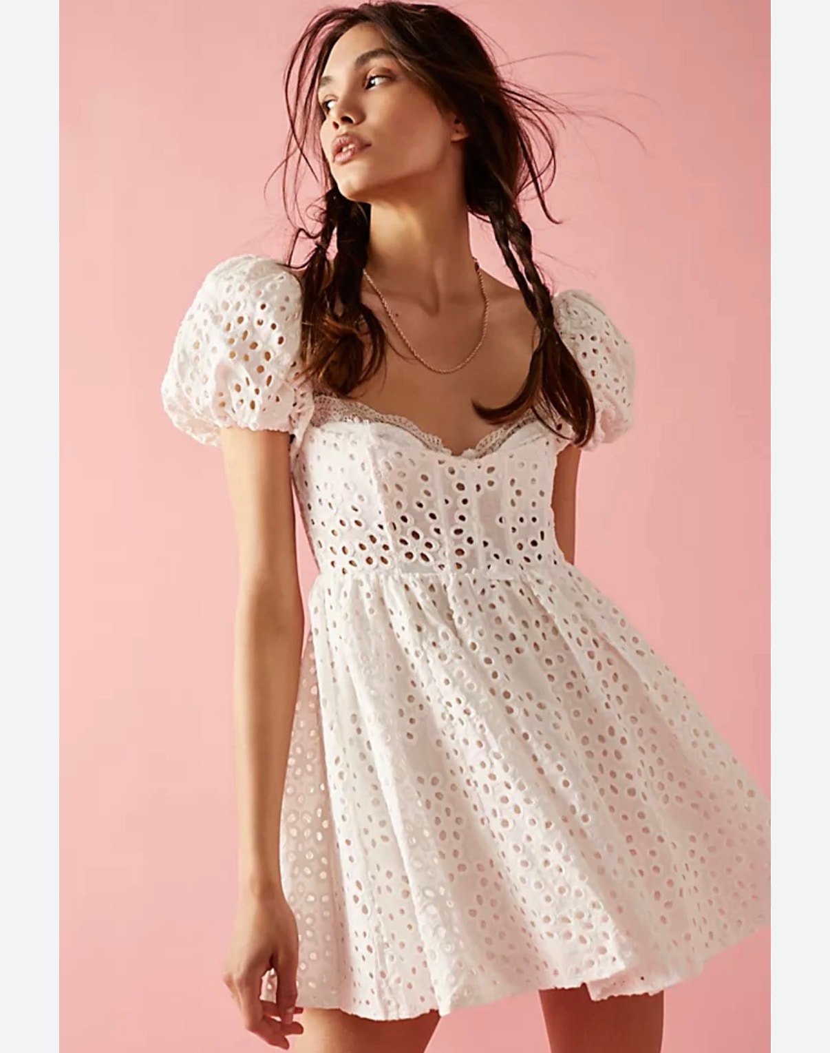 For Love & Lemons Becca White Eyelet Mini Corset Milkmaid Lace Trim Puff Sleeve